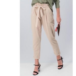 High Waist White Paper Bag Ankle Pants w Tie Belt